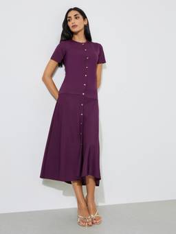 Styli - Women Purple Solid Round Neck A-Line Midi Dress With Button Detail