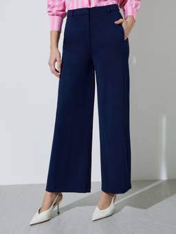 Styli - Women Navy Blue Solid High Rise Wide Leg Pocket Details Trouser