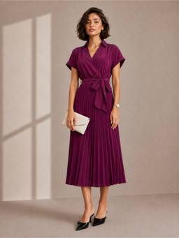 Styli - Women Wine Pleated Collar Neck Wrap A-Line Midi Dress With Tie Up