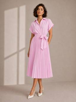 Styli - Women Pink Pleated V-Neck Short Sleeves Wrap A-Line Midi Dress With Tie Up