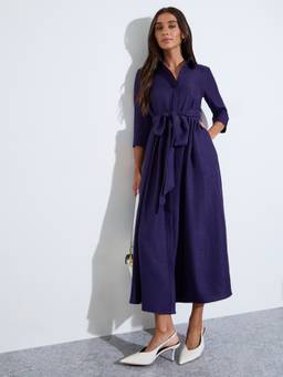 Styli - Women Purple Solid Shirt-Collar A-Line Maxi Dress With Tie-Up Waist