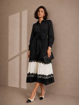 Styli - Women Black Pleated Blouson Sleeves Shirt Midi Dress With Tie Up Details