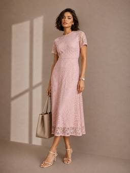 Styli - Women Pink Floral Lace Round Neck Short Sleeves A-Line Midi Dress
