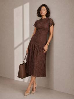 Styli - Women Brown Floral Lace High Neck Short Sleeves A-Line Midi Dress