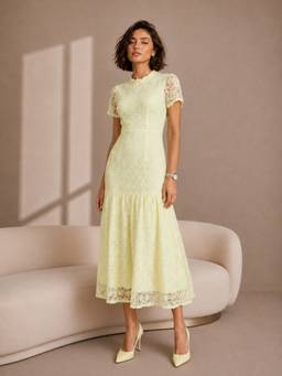 Styli - Women Yellow Floral Lace High Neck Short Sleeves A-Line Midi Dress