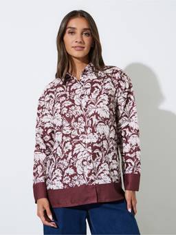 Styli - Women Burgundy Floral Print Long Sleeves Regular Fit Smart Casual Shirt