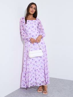 Styli - Women Lilac Floral Print Square-Neck Long Sleeves Fit And Flare Maxi Dress