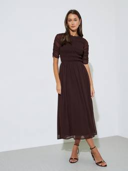 Styli - Women Brown Solid Round Neck A-Line Midi Dress With Smocking Detail