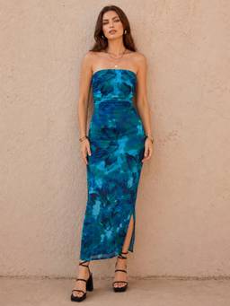 Styli - Women Blue Abstract Print Strapless Bodycon Maxi Dress With Side Slit