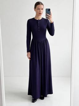 Styli - Women Navy Blue Solid Round Neck Long Sleeves A-Line Maxi Dress