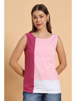 PURYS - Three Tone Round Neck Sleeveless Knitted Top