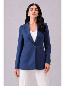 Powersutra - Women Navy Blue Checked Single Breasted Formal Blazer