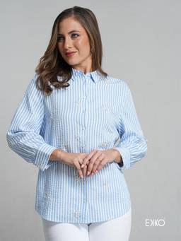 EKKO - Blue Polyester Blend Embellished Detail Oversized Shirt