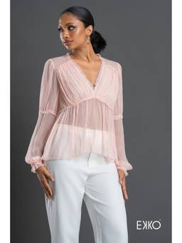 EKKO - Pink Viscose Frill Detail Long Sleeve Top