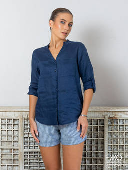 EKKO - Navy Blue Linen Blend Relaxed Fit Deep Neck Roll Up Sleeve Shirt