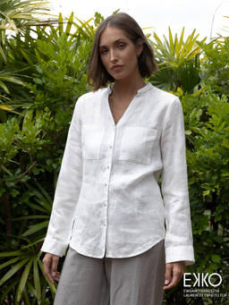 EKKO - White Linen Relaxed Fit Deep Neck Roll Up Sleeve Shirt