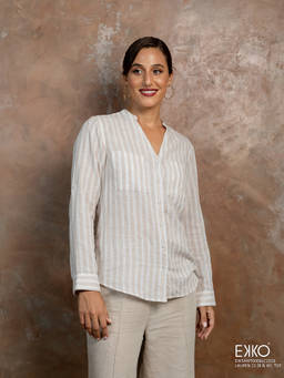 EKKO - Biege Linen Blend Relaxed Fit Deep Neck Roll Up Sleeve Shirt