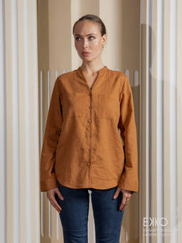 EKKO - Brown Linen Relaxed Fit Deep Neck Roll Up Sleeve Shirt