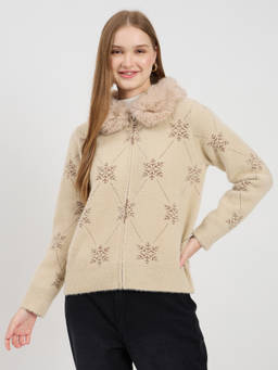 Madame - Beige Printed Fur Collar Jacket