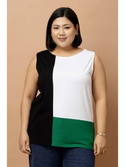 PURYS PLUS - Three Tone Round Neck Sleeveless Knitted Top