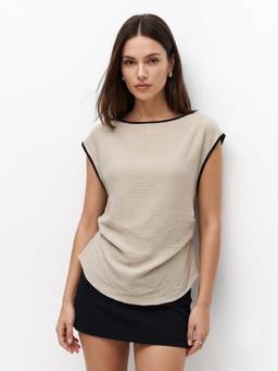 Outzidr - Beige Boat Neck Contrast Binding Top