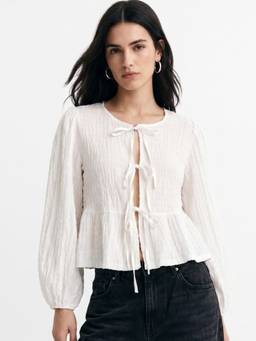 Outzidr - White Textured Front Tie Up Top