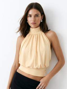 Outzidr - Yellow Draped Halter Neck Sleeveless Top