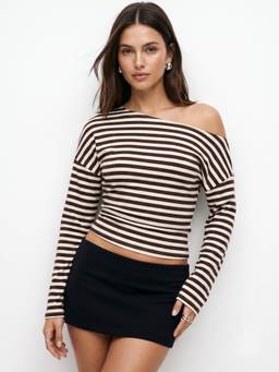 Outzidr - Multi One-Shoulder Striped Fitted Crop Top