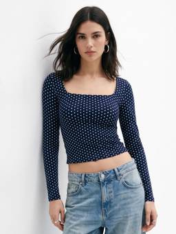 Outzidr - Navy Blue Polka Dotted Square Neck Fitted Crop Top