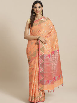 Indethnic - Banarasi Peach Woven Design Festive Wear Saree With Unstitched Blouse