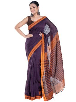 Boveee - Wine Handloom Linen Saree With Contrasting Border And Pallu with Unstitched Blouse