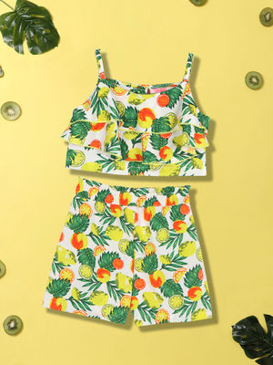 Nautinati Girls Floral Printed Shoulder Straps Ruffles Details Top With Shorts