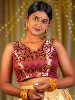 I LOVE SAREES - Dark Maroon Scallop V-Neck Banarasi Sleeveless Blouse