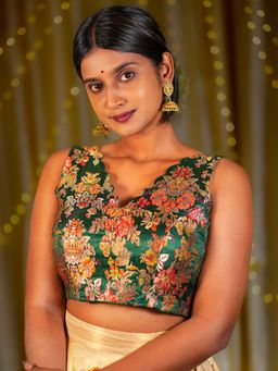 I LOVE SAREES - Green Multicolor Scallop V-Neck Banarasi Blouse