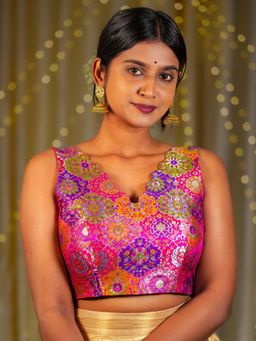 I LOVE SAREES - Pink Multicolor Scallop V-Neck Banarasi Blouse