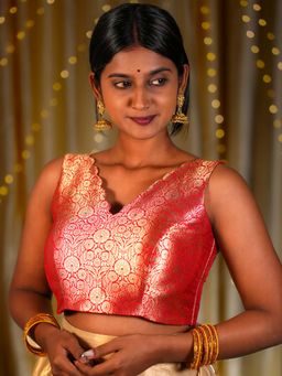 I LOVE SAREES - Red Golden Scallop V-Neck Banarasi Blouse