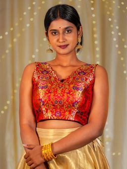 I LOVE SAREES - Red Multicolor Scallop V-Neck Banarasi Blouse