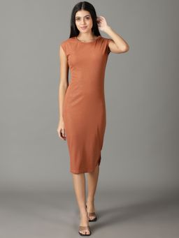 SHOWOFF - Womens Embellished Round Neck Rust Midi Dress