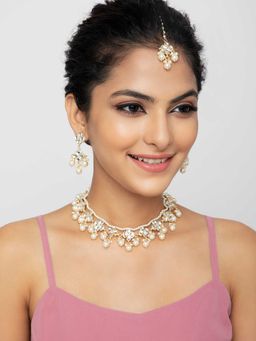 Indya - Gold Floral Motif Kundan Multi Drop Maangtika Earring and Necklace (Set of 3)