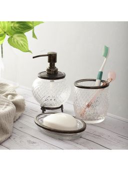 De Maison Decor - Black Ava Crystal Cut Soap Dispenser with Toothbrush Holder Soap Tray (Set of 3)
