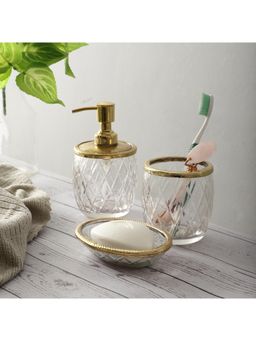 De Maison Decor - Gold Daimond Crystal Cut Soap Dispenser Toothbrush Holder Soap Tray (Set of 3)