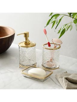 De Maison Decor - Gold Blake Crystal Cut Soap Dispenser with Toothbrush Holder Soap Tray (Set of 3)