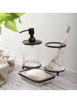 De Maison Decor - Black Blake Crystal Cut Soap Dispenser with Toothbrush Holder Soap Tray (Set of 3)