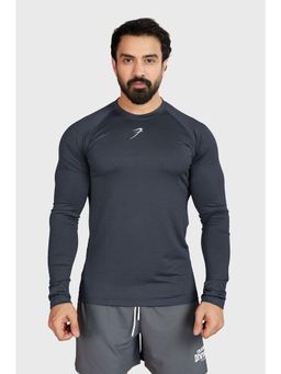 FUAARK - Men Grey Polyester Checks Full Sleeves Slim Fit T-Shirt