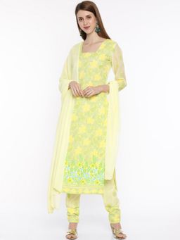 ADA - Hand Embroidered Lucknowi Chikankari Yellow & Green Cotton Unstitched Dress Material [A100164]
