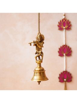 eCraftIndia - Golden Brass Lord Krishna Playing Flute Statue Hanging Bell with Chain