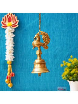 eCraftIndia - Golden Brass Peacock Statue Hanging Bell with Chain for Home Temple