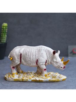 eCraftIndia - White Polyresin Rhinoceros Statue with Golden Horns Animal Figurine
