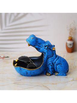 eCraftIndia - Blue Polyresin Big Mouth Hippopotamus Statue Serving Tray Animal Figurine