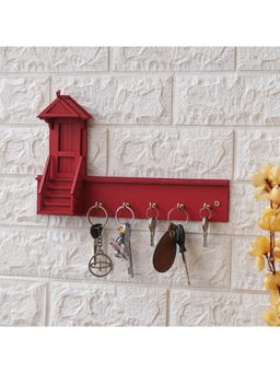 eCraftIndia - Red Home Decorative Wooden Key Holder with 5 Hooks